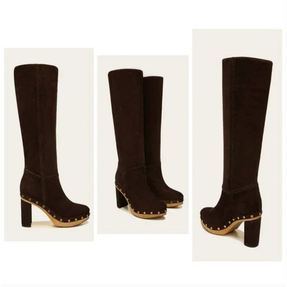 Veronica Beard Glendale Suede Clog Boots 9.5 NWOT Tall Knee High Brown Wood